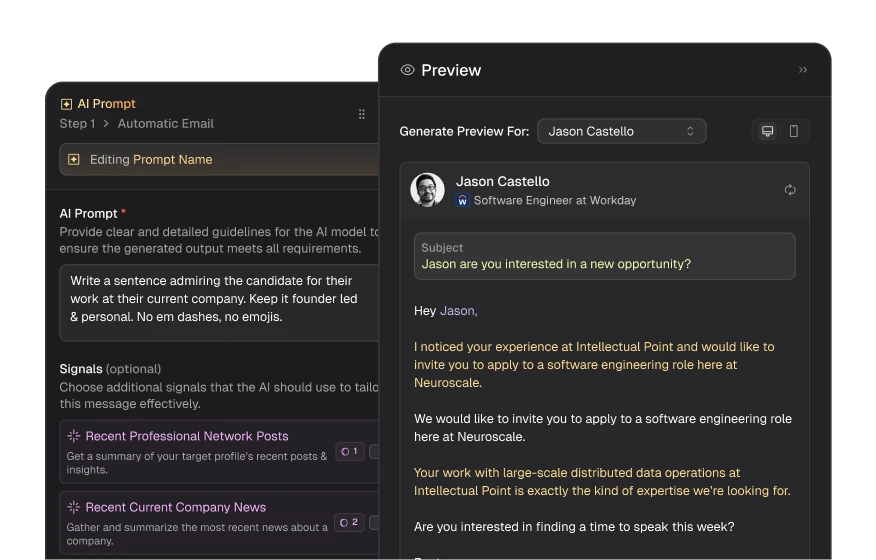 Arbi AI personalization with prompt builder and preview for candidate-specific messaging